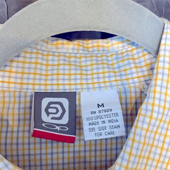 Vintage OP Yellow Polyester Plaid Short Sleeve Shirt  with Floral imprint Mens M - Picture 12 of 13